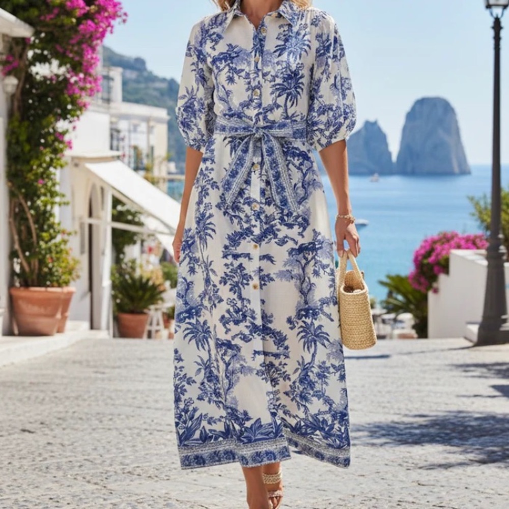 Blue & White Printed Shirt Midi Dress - Trish Scully